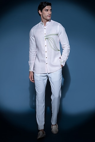 Light Pink Linen Embroidered Shirt by VAROIN MARWAH