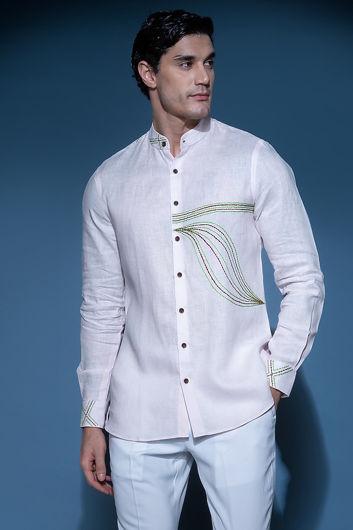 Light Pink Linen Embroidered Party Wear Shirt by VAROIN MARWAH at Pernia's Pop Up Shop