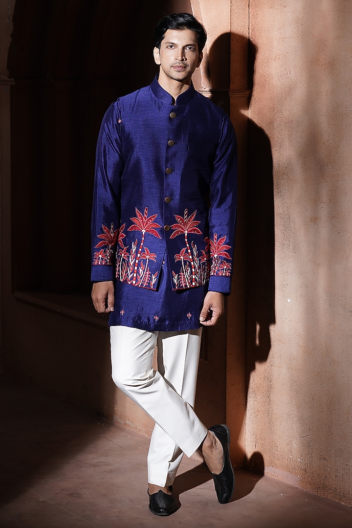 Blue Silk Bundi Jacket Set by VAROIN MARWAH at Pernia's Pop Up Shop