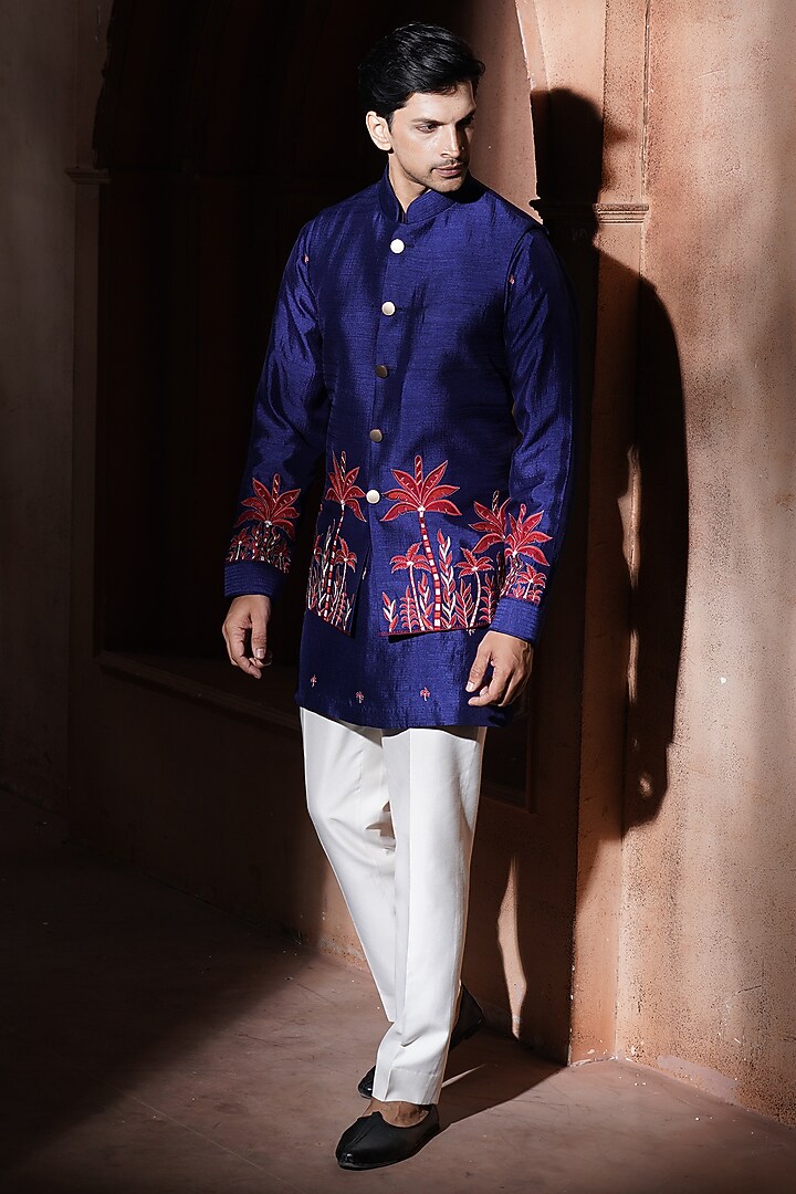 Blue Silk Bundi Jacket Set by VAROIN MARWAH at Pernia's Pop Up Shop