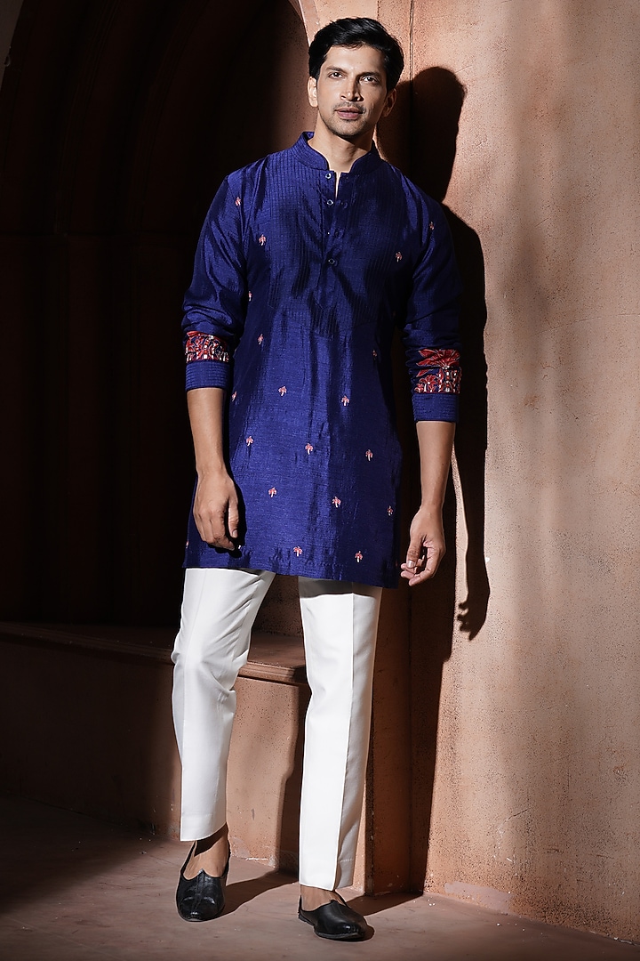 Blue Silk Bundi Jacket Set by VAROIN MARWAH at Pernia's Pop Up Shop
