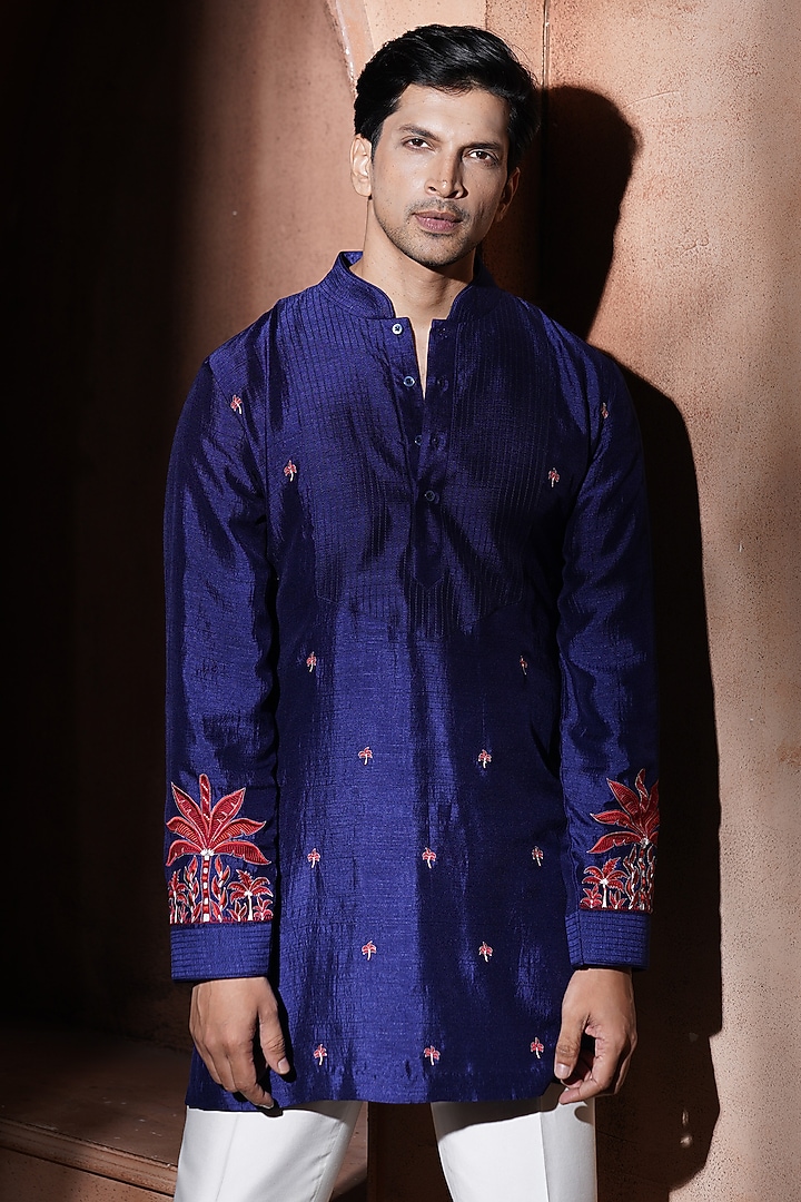 Blue Silk Bundi Jacket Set by VAROIN MARWAH at Pernia's Pop Up Shop