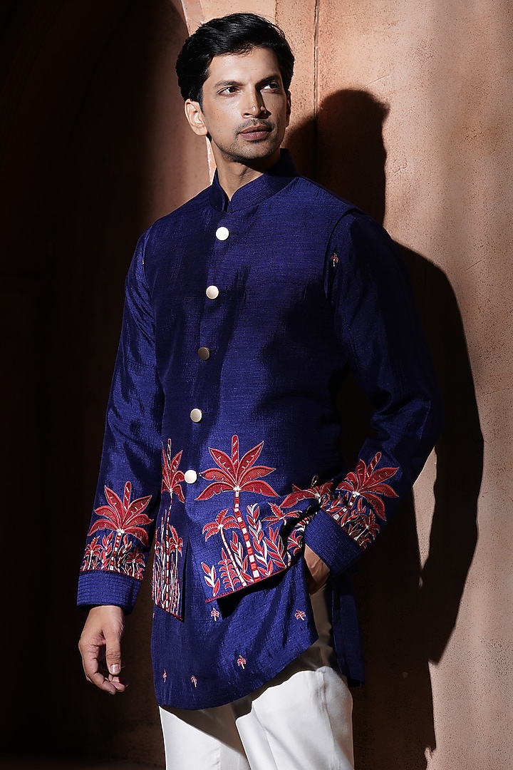 Blue Silk Bundi Jacket Set by VAROIN MARWAH at Pernia's Pop Up Shop