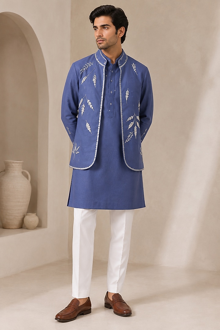 Blue Silk Bundi Jacket Set by VAROIN MARWAH at Pernia's Pop Up Shop