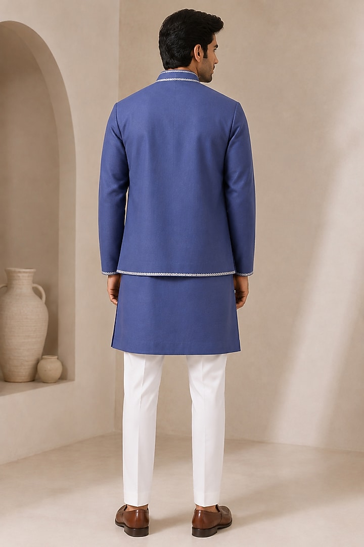 Blue Silk Bundi Jacket Set by VAROIN MARWAH at Pernia's Pop Up Shop