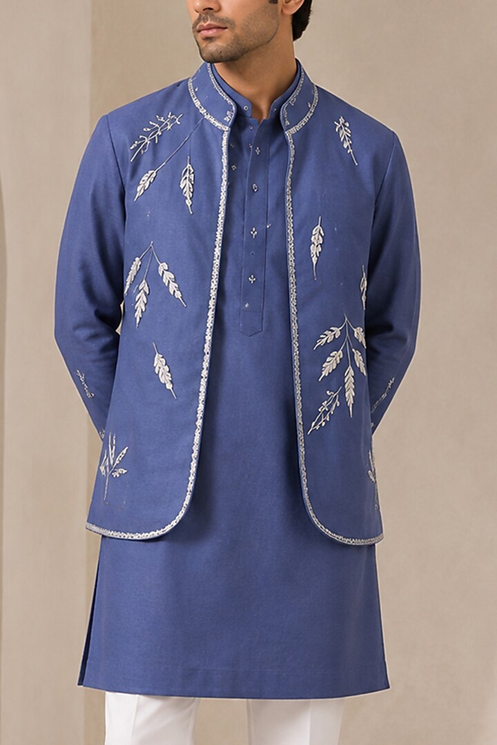 Blue Silk Bundi Jacket Set by VAROIN MARWAH at Pernia's Pop Up Shop