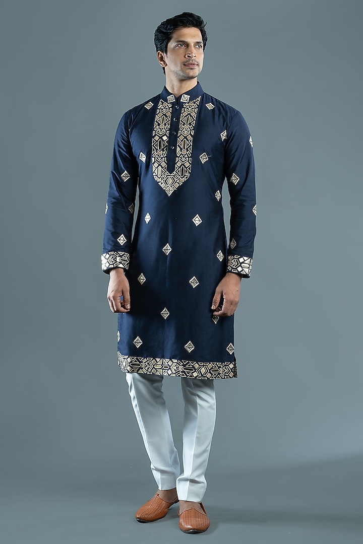 Blue Silk Kurta Set by VAROIN MARWAH at Pernia's Pop Up Shop