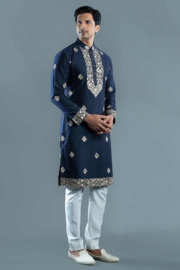 Blue Silk Kurta Set by VAROIN MARWAH at Pernia's Pop Up Shop