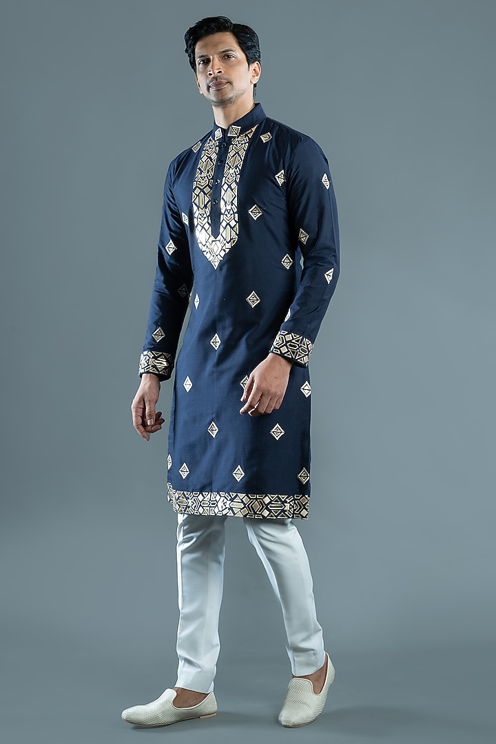 Blue Silk Kurta Set by VAROIN MARWAH at Pernia's Pop Up Shop