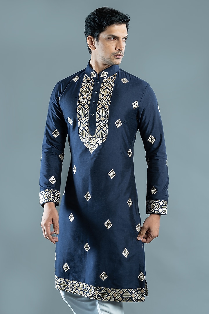 Blue Silk Kurta Set by VAROIN MARWAH at Pernia's Pop Up Shop
