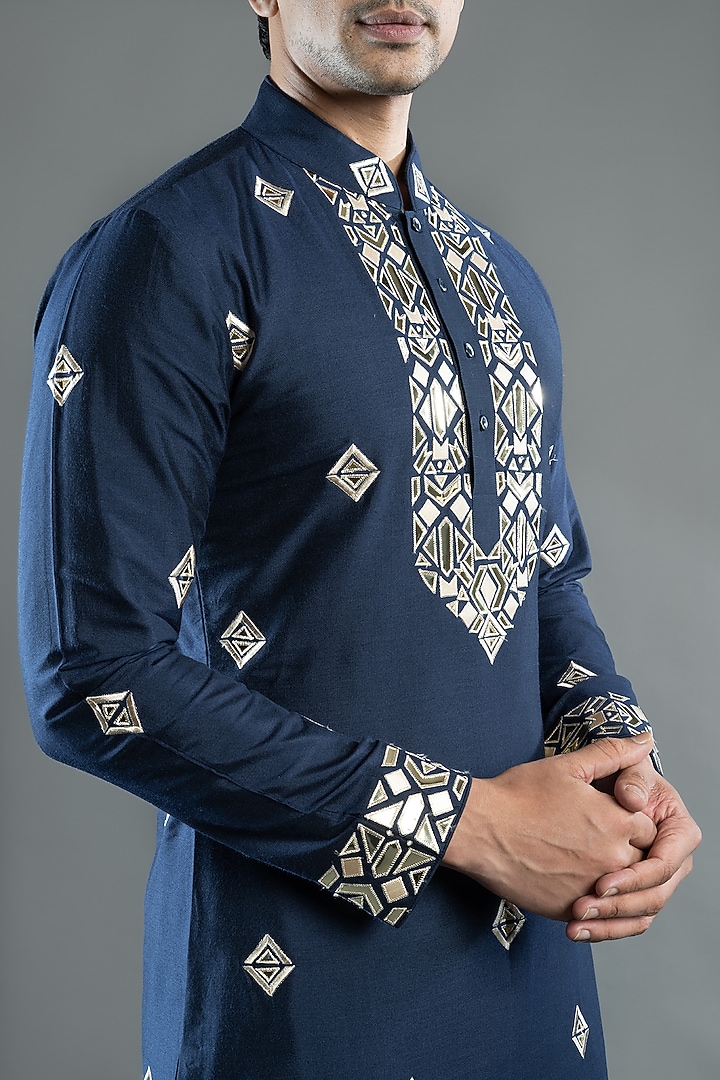 Blue Silk Kurta Set by VAROIN MARWAH at Pernia's Pop Up Shop