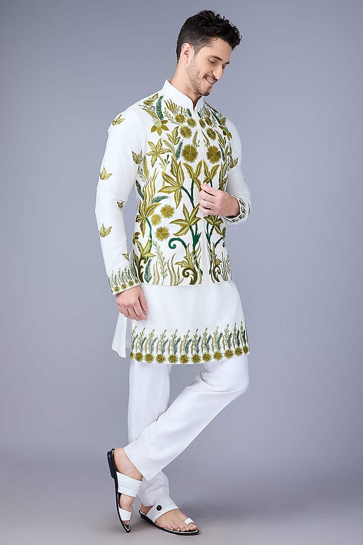 White Silk Bundi Jacket Set by VAROIN MARWAH at Pernia's Pop Up Shop
