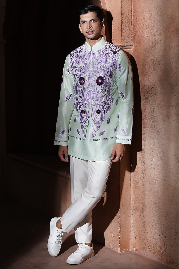 Green Silk Bundi Jacket Set by VAROIN MARWAH at Pernia's Pop Up Shop