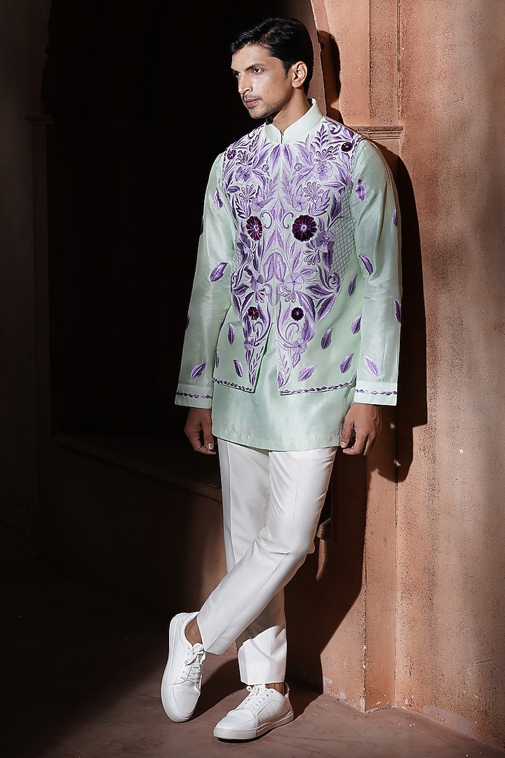Green Silk Bundi Jacket Set by VAROIN MARWAH at Pernia's Pop Up Shop