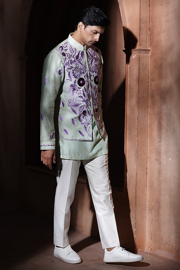 Green Silk Bundi Jacket Set by VAROIN MARWAH at Pernia's Pop Up Shop