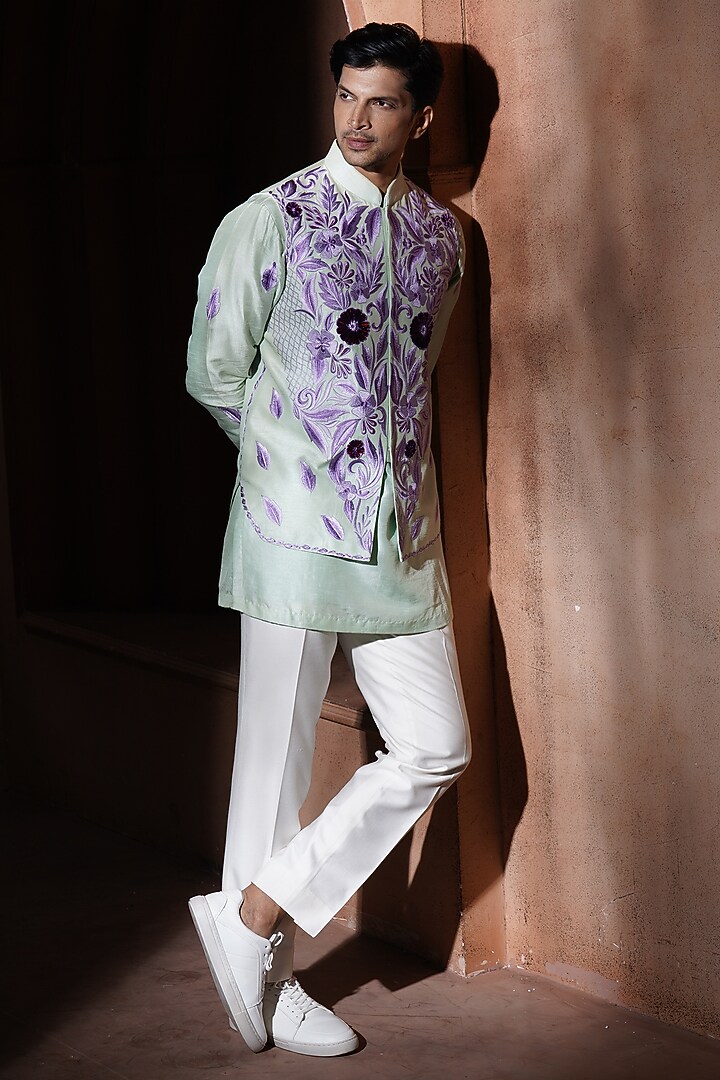 Green Silk Bundi Jacket Set by VAROIN MARWAH at Pernia's Pop Up Shop