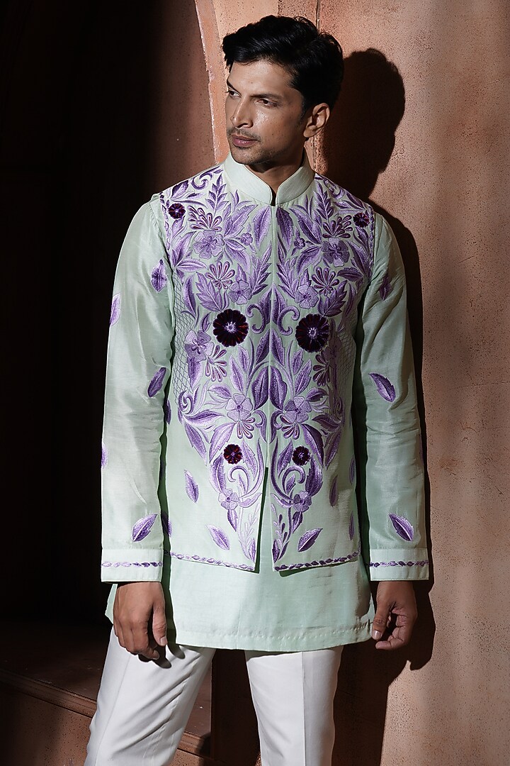 Green Silk Bundi Jacket Set by VAROIN MARWAH at Pernia's Pop Up Shop