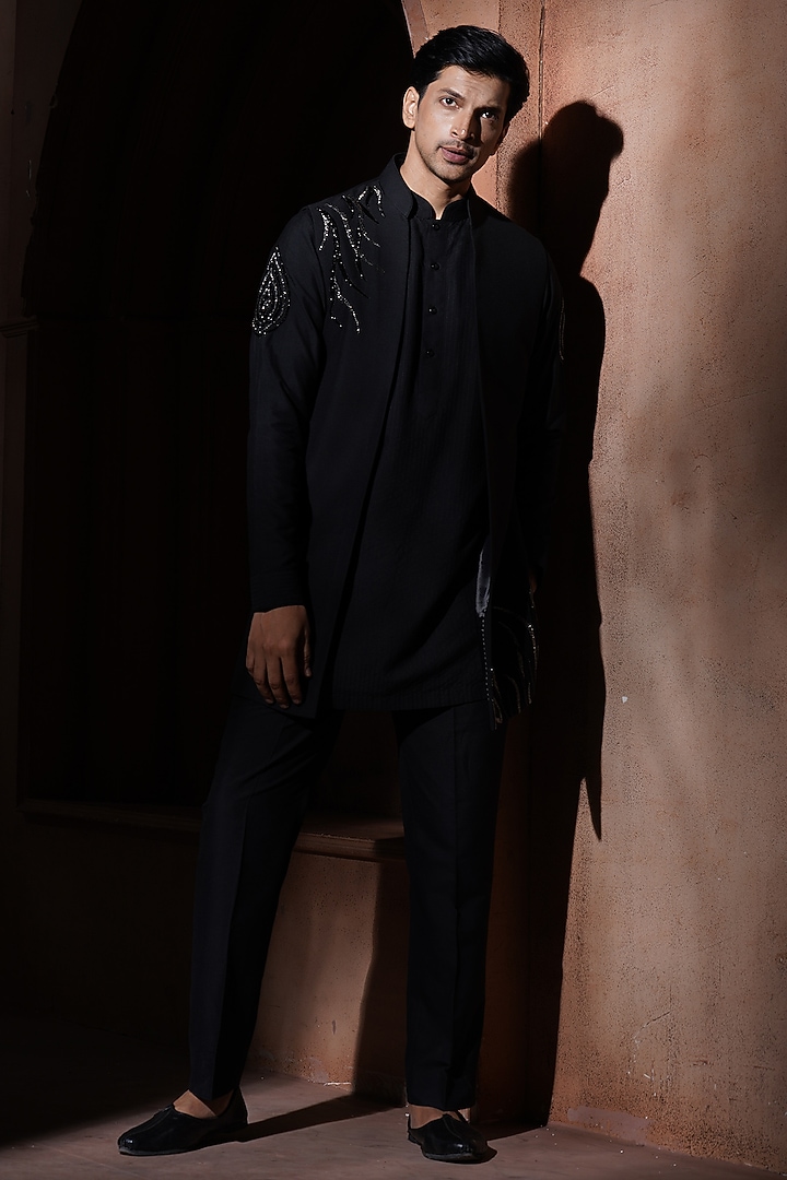 Black Silk Bundi Jacket Set by VAROIN MARWAH at Pernia's Pop Up Shop