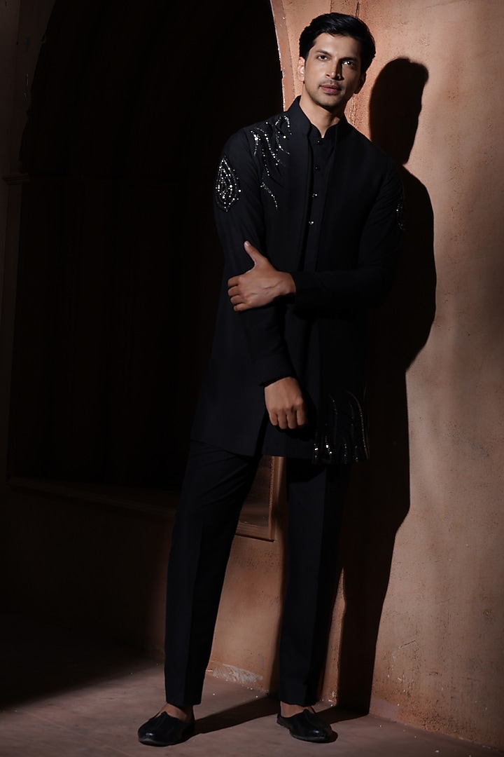 Black Silk Bundi Jacket Set by VAROIN MARWAH at Pernia's Pop Up Shop