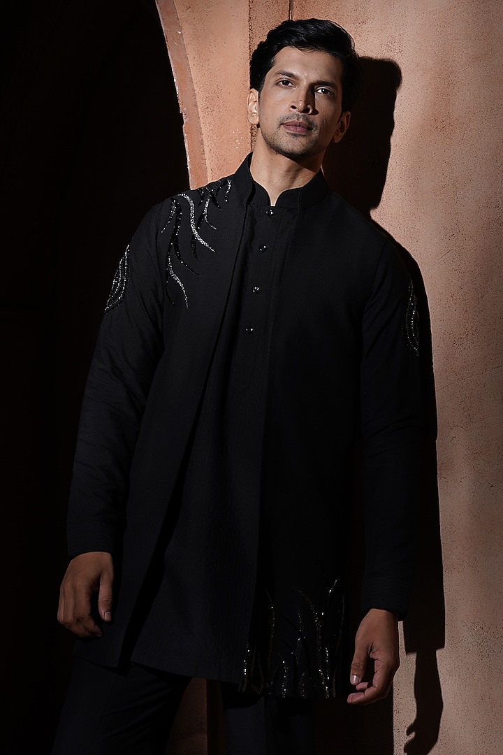 Black Silk Bundi Jacket Set by VAROIN MARWAH at Pernia's Pop Up Shop