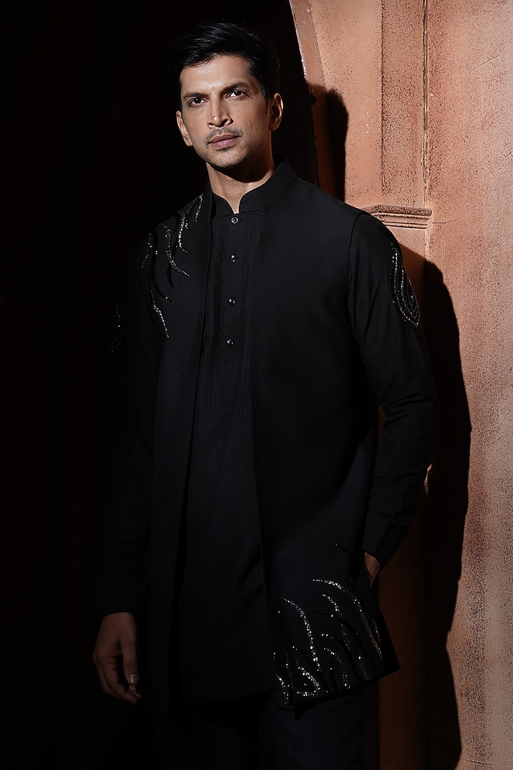 Black Silk Bundi Jacket Set by VAROIN MARWAH at Pernia's Pop Up Shop