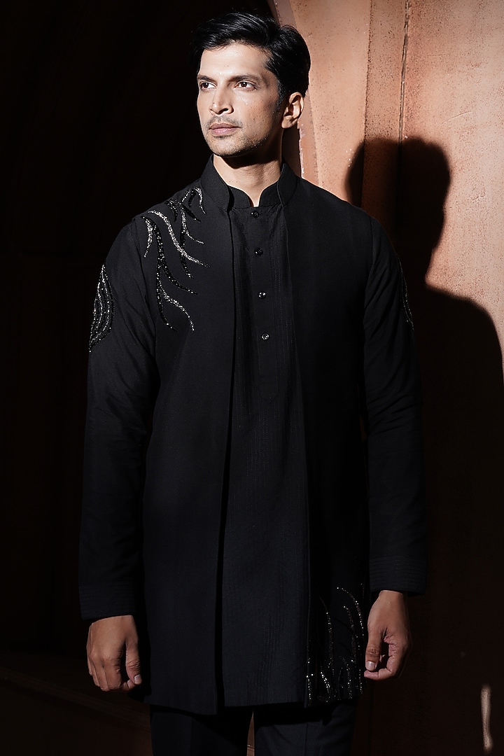 Black Silk Bundi Jacket Set by VAROIN MARWAH at Pernia's Pop Up Shop