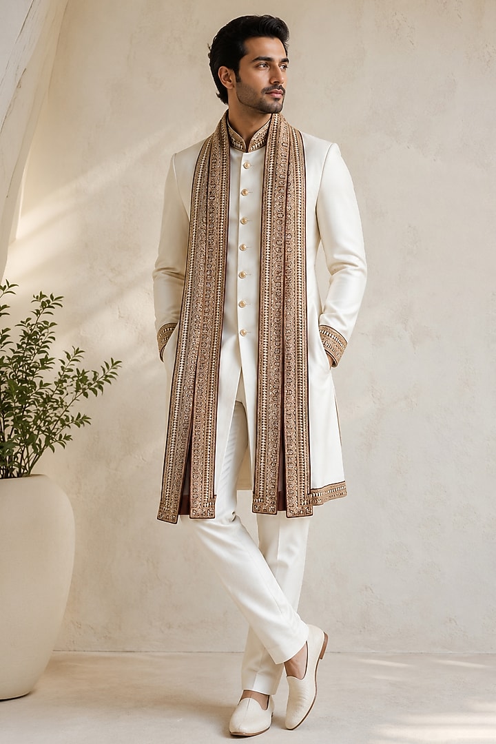 White Silk Groom Sherwani Set by VAROIN MARWAH at Pernia's Pop Up Shop