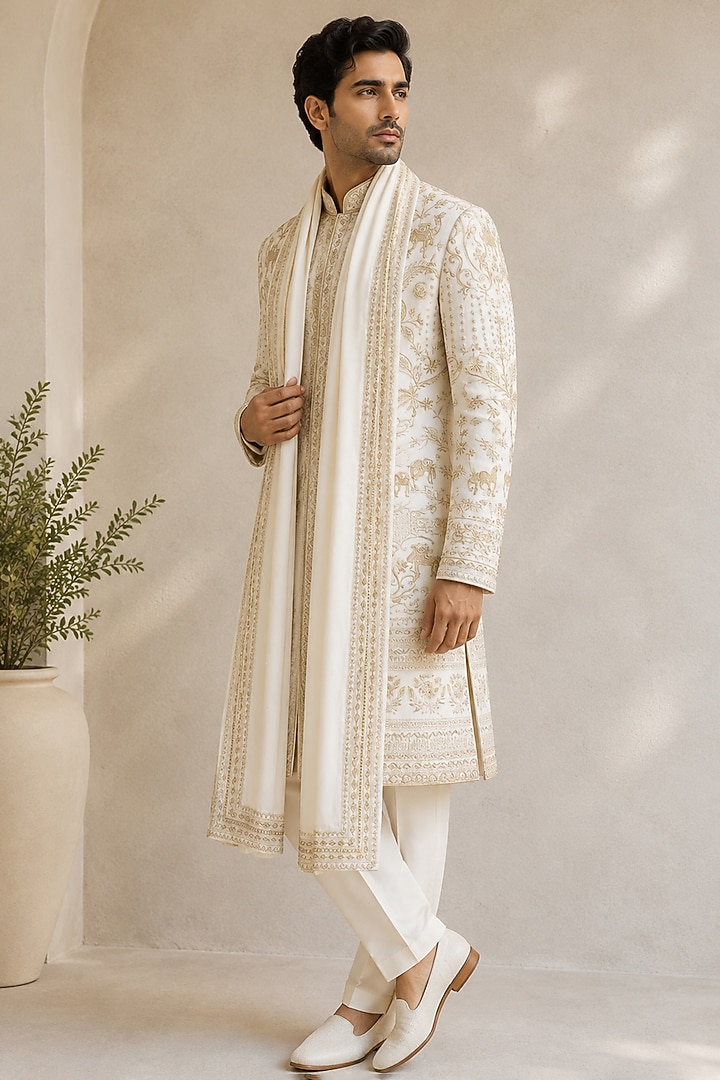 Ivory Silk Groom Sherwani Set by VAROIN MARWAH at Pernia's Pop Up Shop