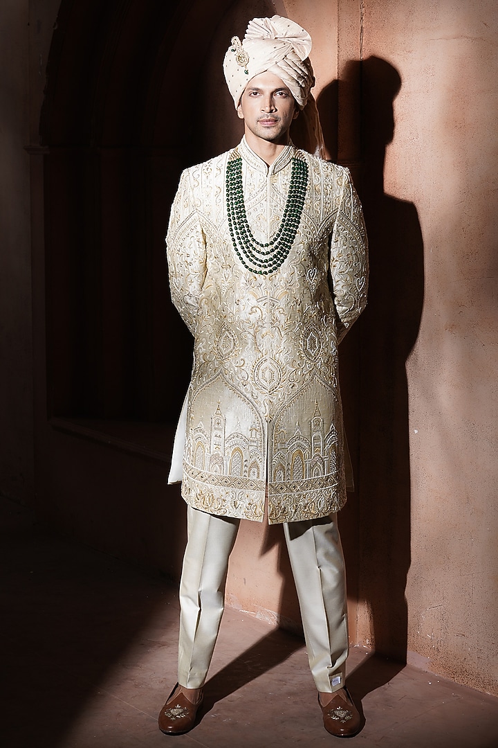Beige Silk Groom Sherwani Set by VAROIN MARWAH at Pernia's Pop Up Shop
