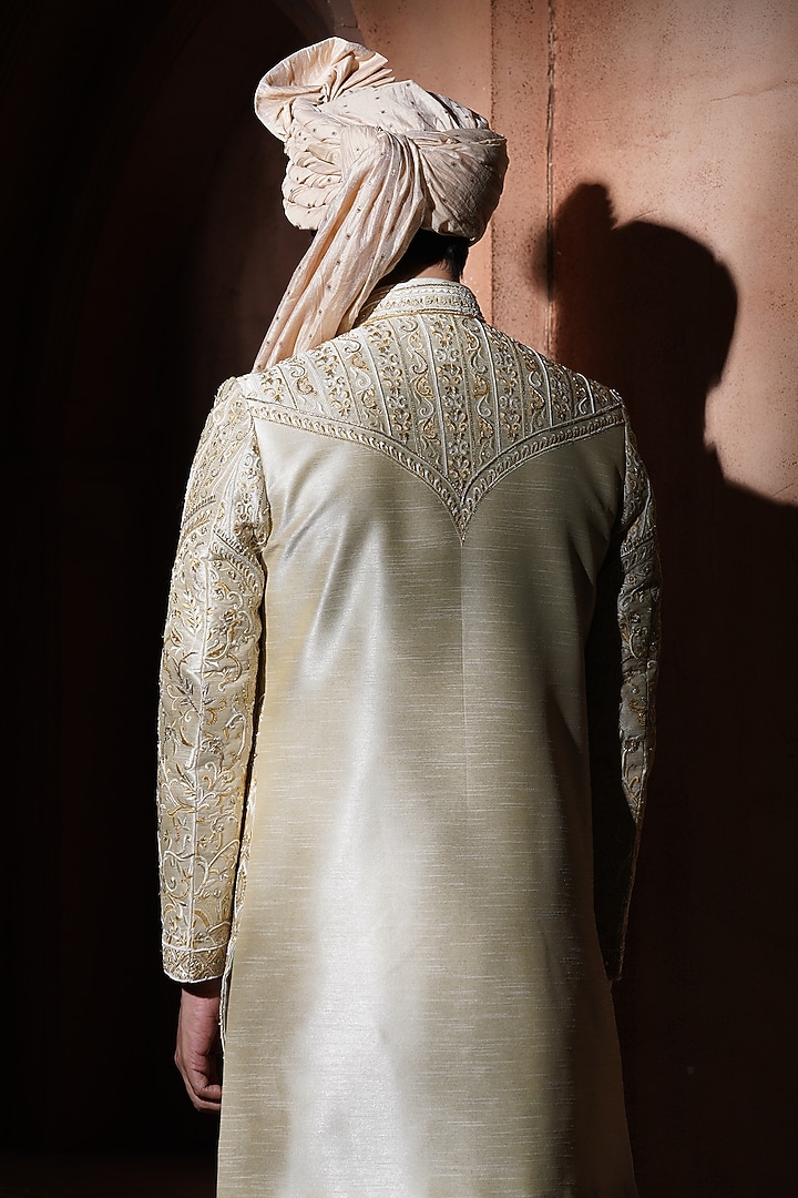 Beige Silk Groom Sherwani Set by VAROIN MARWAH at Pernia's Pop Up Shop