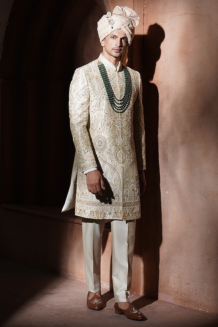 Beige Silk Groom Sherwani Set by VAROIN MARWAH at Pernia's Pop Up Shop