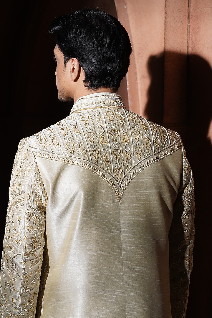 Beige Silk Groom Sherwani Set by VAROIN MARWAH at Pernia's Pop Up Shop