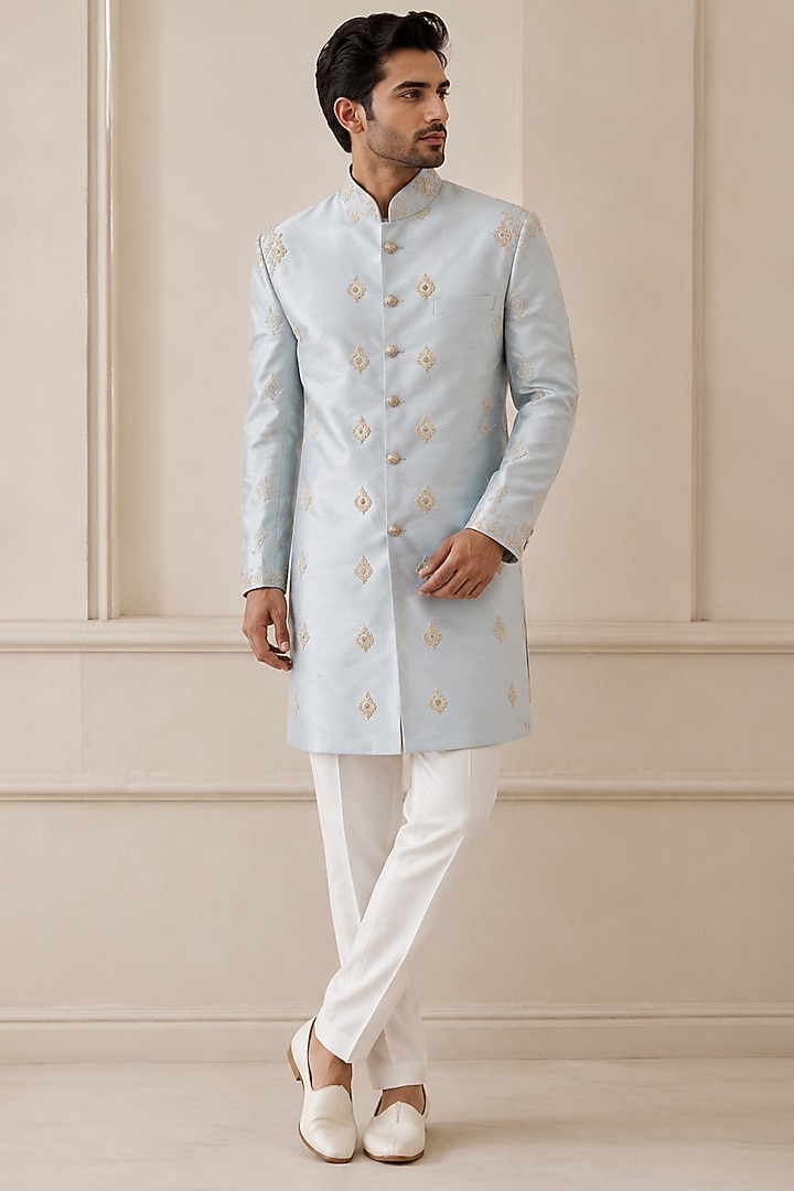 Beige Silk Groom Sherwani Set by VAROIN MARWAH at Pernia's Pop Up Shop