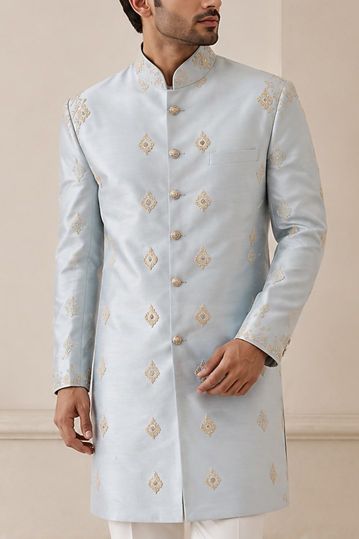 Beige Silk Groom Sherwani Set by VAROIN MARWAH at Pernia's Pop Up Shop