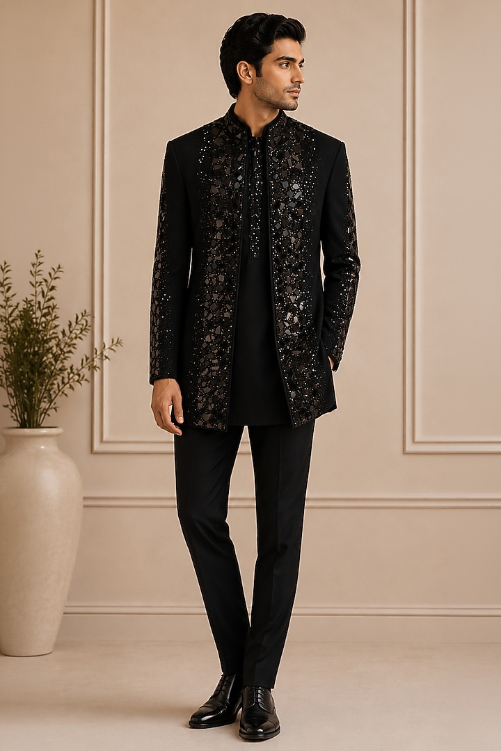 Black Crepe Open Groom Sherwani Set by VAROIN MARWAH at Pernia's Pop Up Shop