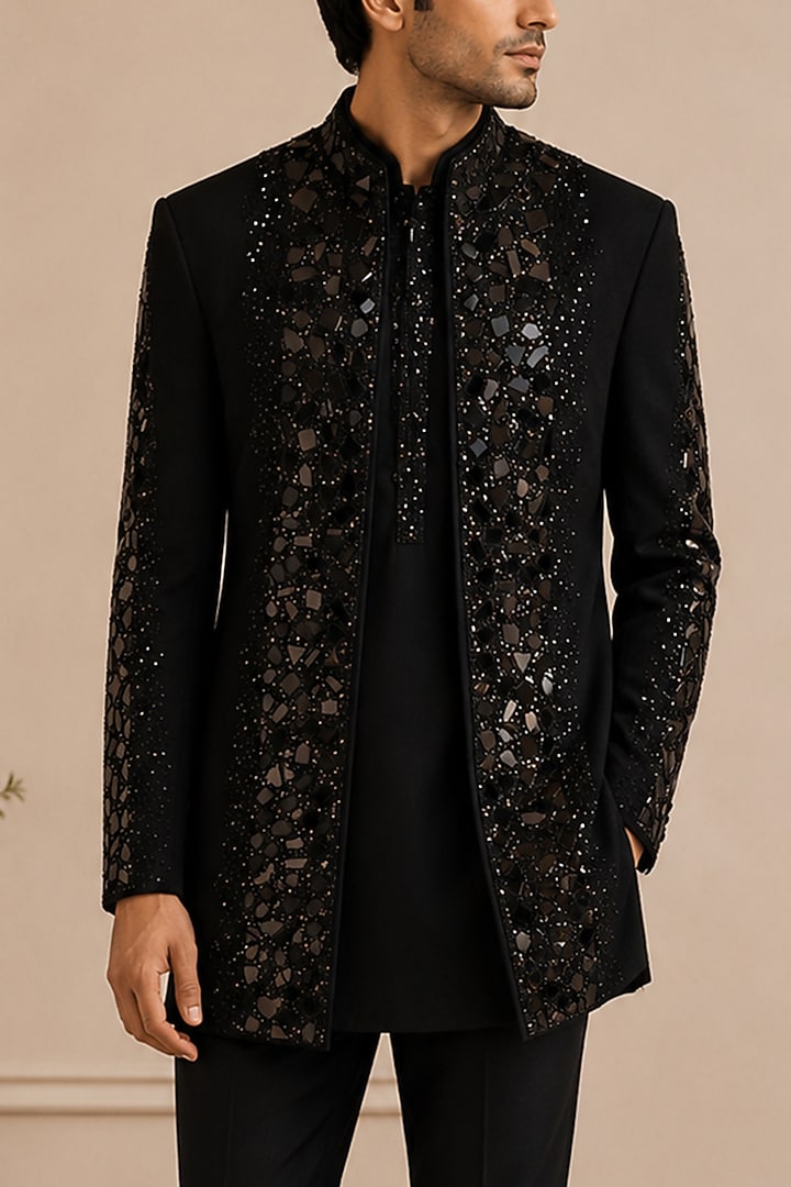Black Crepe Open Groom Sherwani Set by VAROIN MARWAH at Pernia's Pop Up Shop