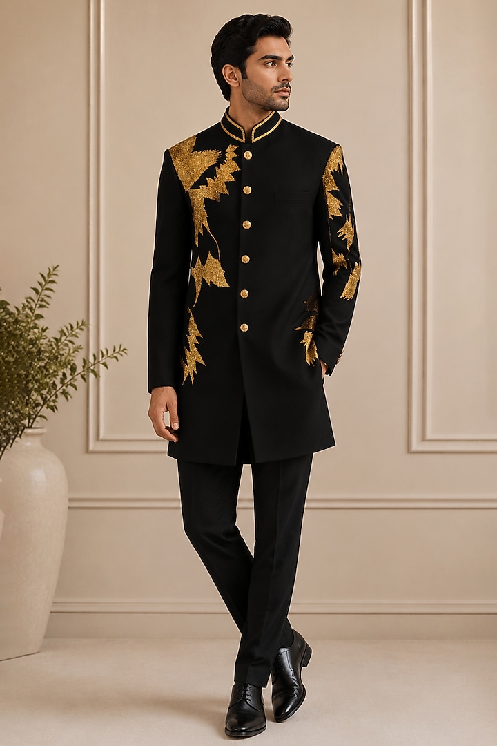 Black Crepe Open Groom Sherwani Set by VAROIN MARWAH at Pernia's Pop Up Shop