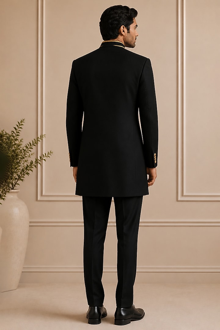 Black Crepe Open Groom Sherwani Set by VAROIN MARWAH at Pernia's Pop Up Shop