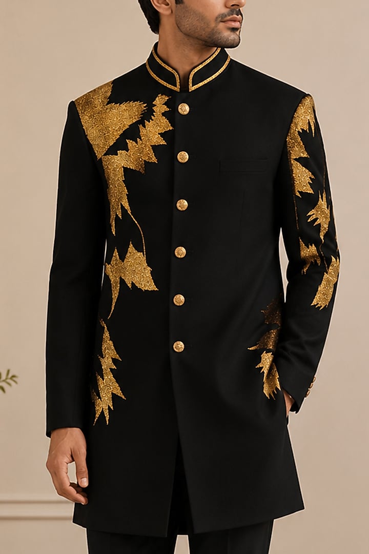 Black Crepe Open Groom Sherwani Set by VAROIN MARWAH at Pernia's Pop Up Shop