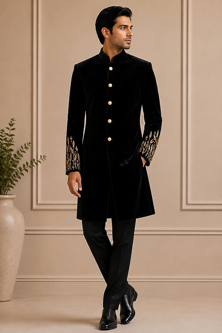 Black Velvet Groom Sherwani by VAROIN MARWAH at Pernia's Pop Up Shop