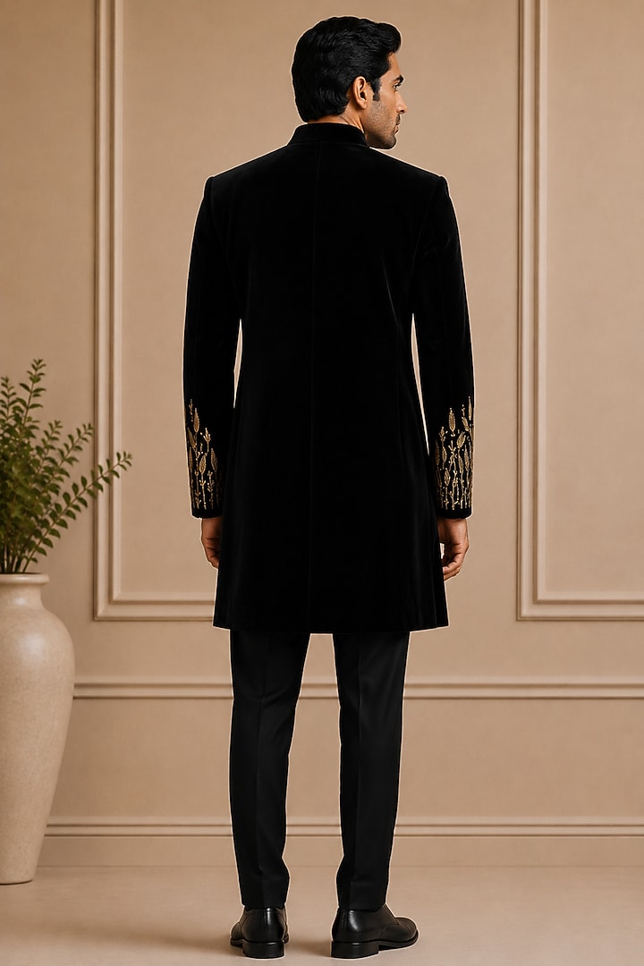 Black Velvet Groom Sherwani by VAROIN MARWAH at Pernia's Pop Up Shop