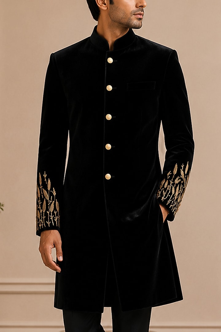 Black Velvet Groom Sherwani by VAROIN MARWAH at Pernia's Pop Up Shop