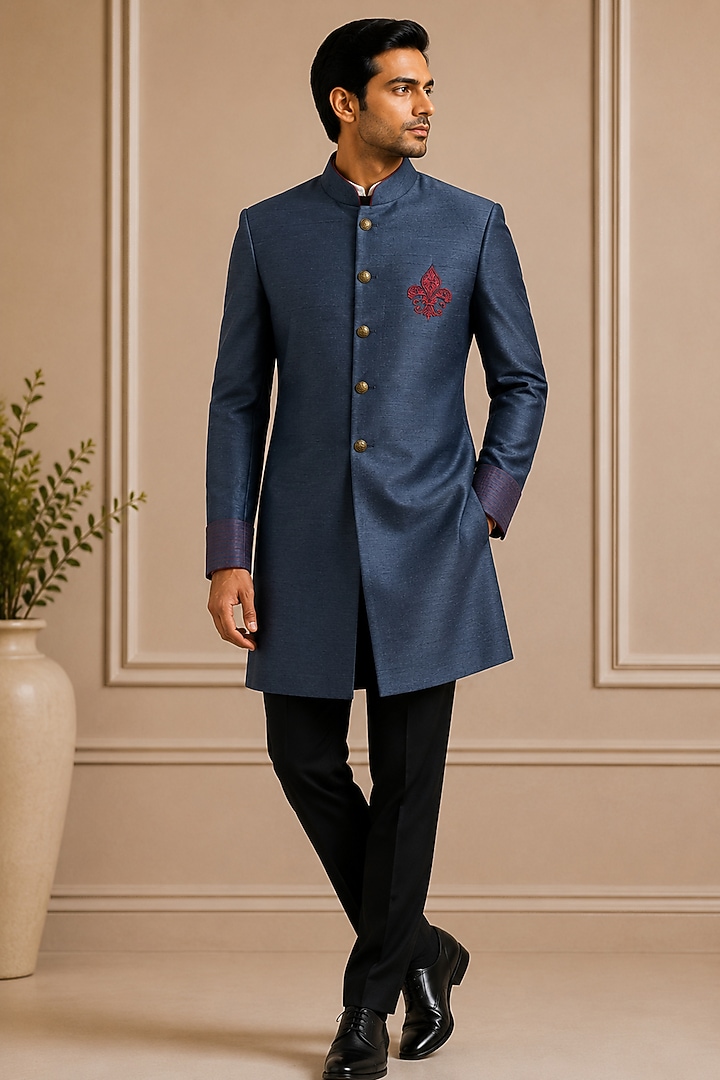 Navy Blue Raw Silk Groom Sherwani by VAROIN MARWAH at Pernia's Pop Up Shop