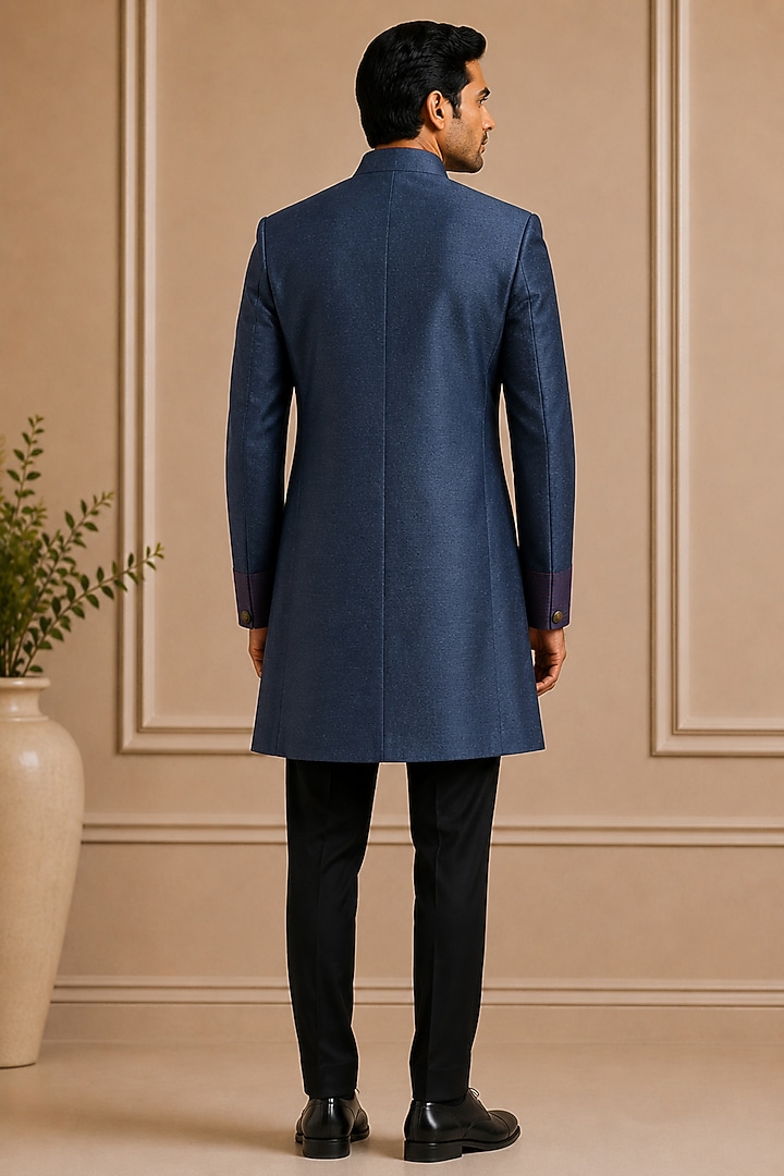 Navy Blue Raw Silk Groom Sherwani by VAROIN MARWAH at Pernia's Pop Up Shop