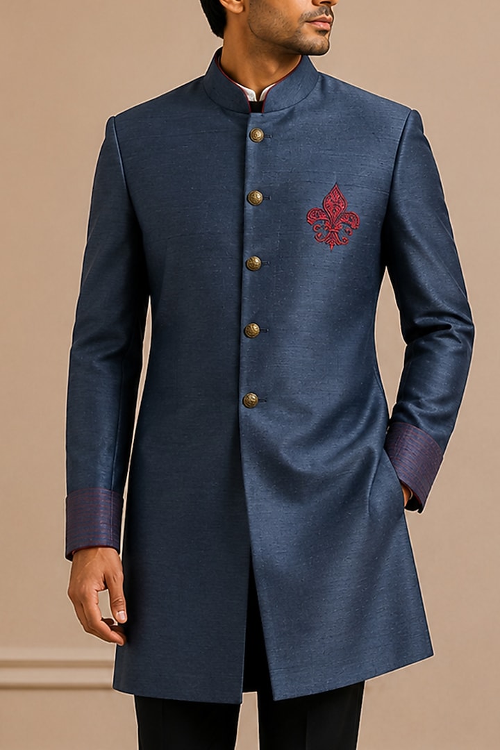 Navy Blue Raw Silk Groom Sherwani by VAROIN MARWAH at Pernia's Pop Up Shop