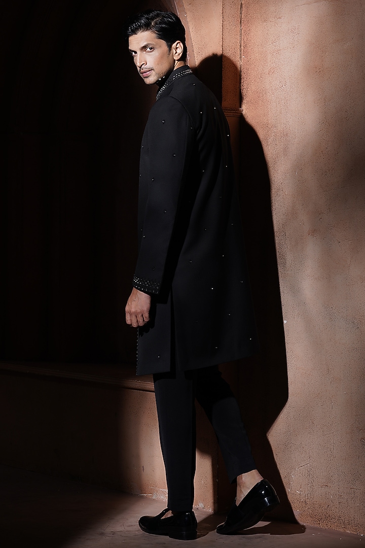 Black Blended Suiting Groom Sherwani Set by VAROIN MARWAH at Pernia's Pop Up Shop