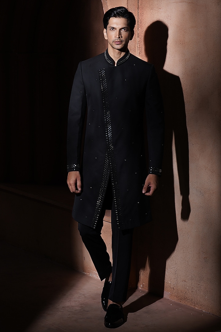 Black Blended Suiting Groom Sherwani Set by VAROIN MARWAH at Pernia's Pop Up Shop