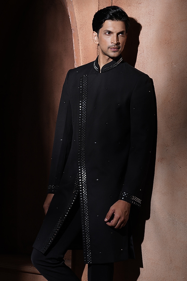 Black Blended Suiting Groom Sherwani Set by VAROIN MARWAH at Pernia's Pop Up Shop