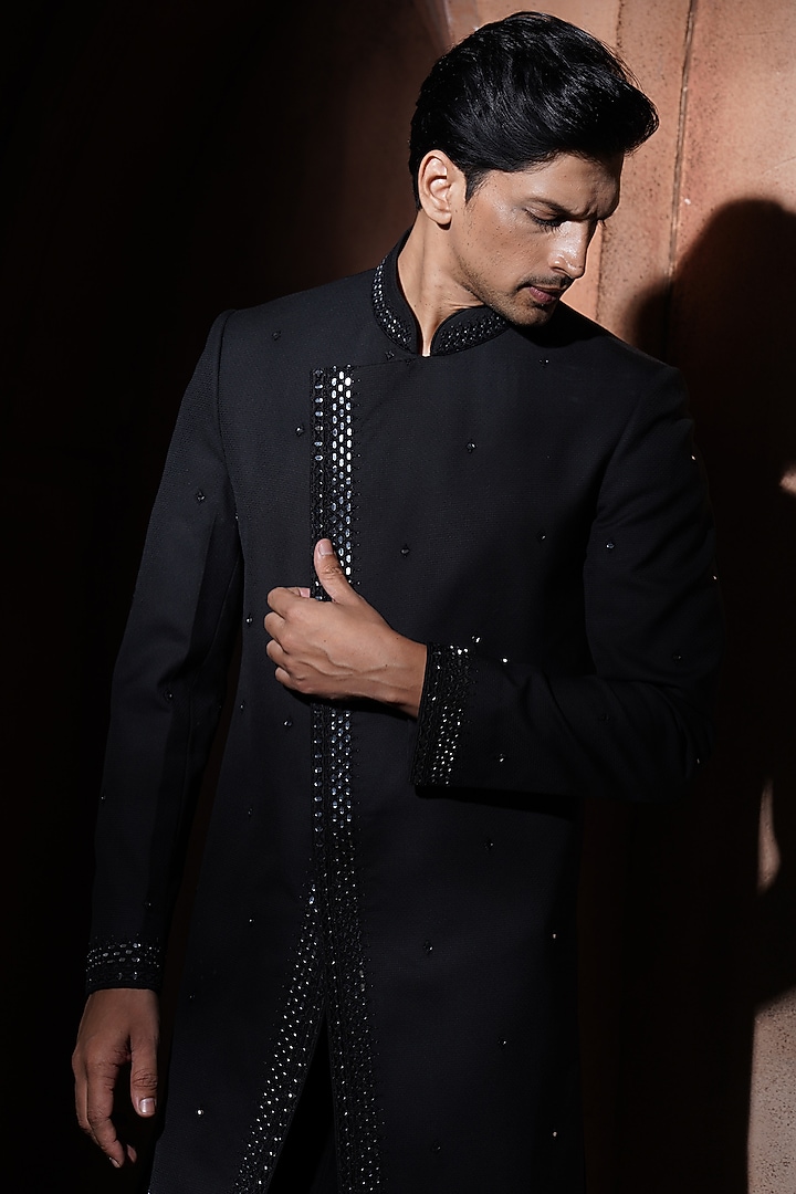 Black Blended Suiting Groom Sherwani Set by VAROIN MARWAH at Pernia's Pop Up Shop
