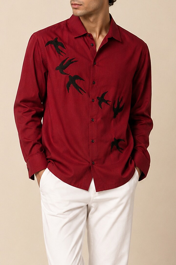 Maroon Cotton Satin Party Wear Shirt by VAROIN MARWAH at Pernia's Pop Up Shop